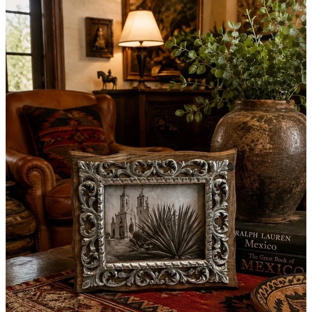 VTG Mex Pewter Wood Picture Frame Hand Carved Rustic Hacienda   Spanish Colonial